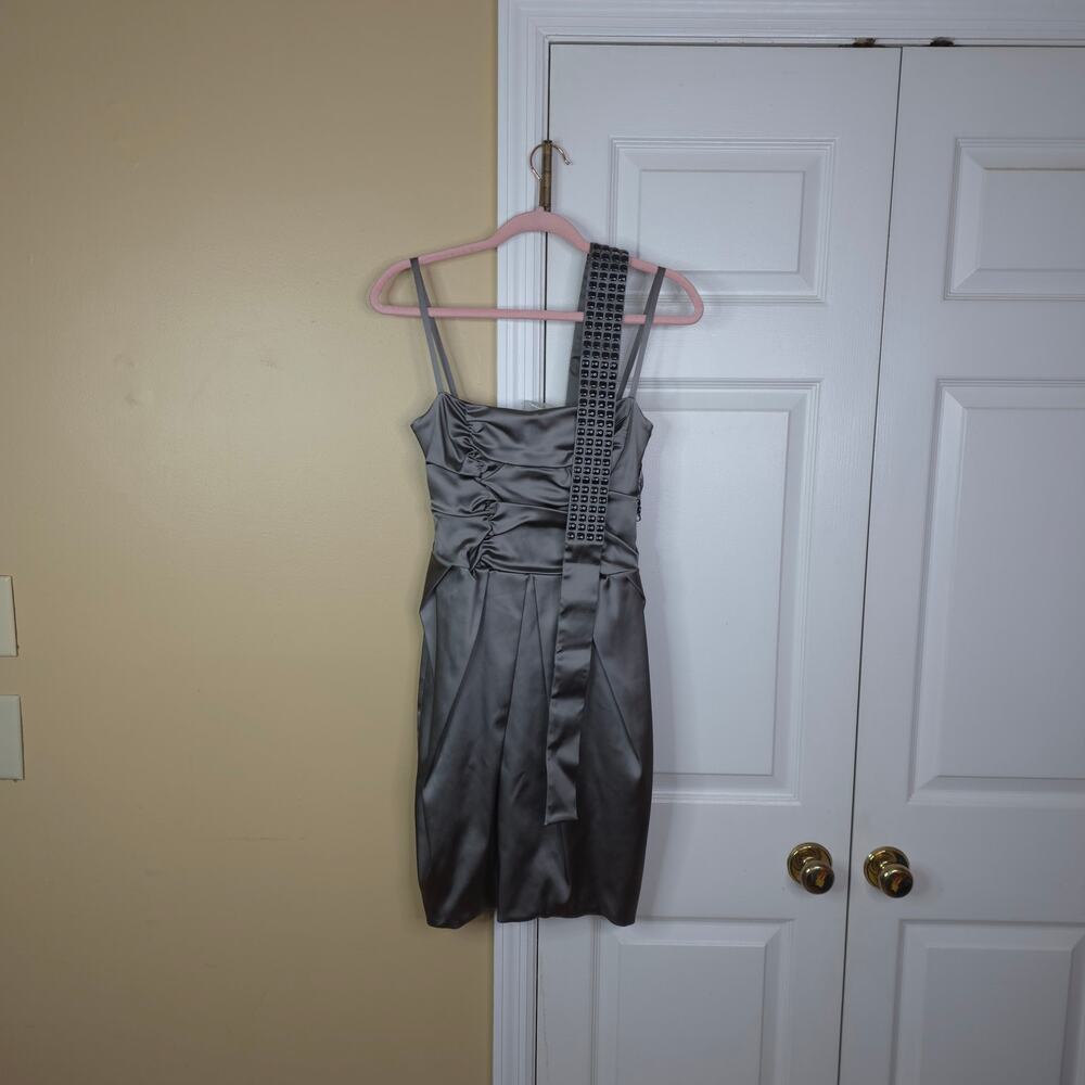 Byblos Ruched Sateen Cocktail Dress Studded Belt in Metallic Gray Size 4